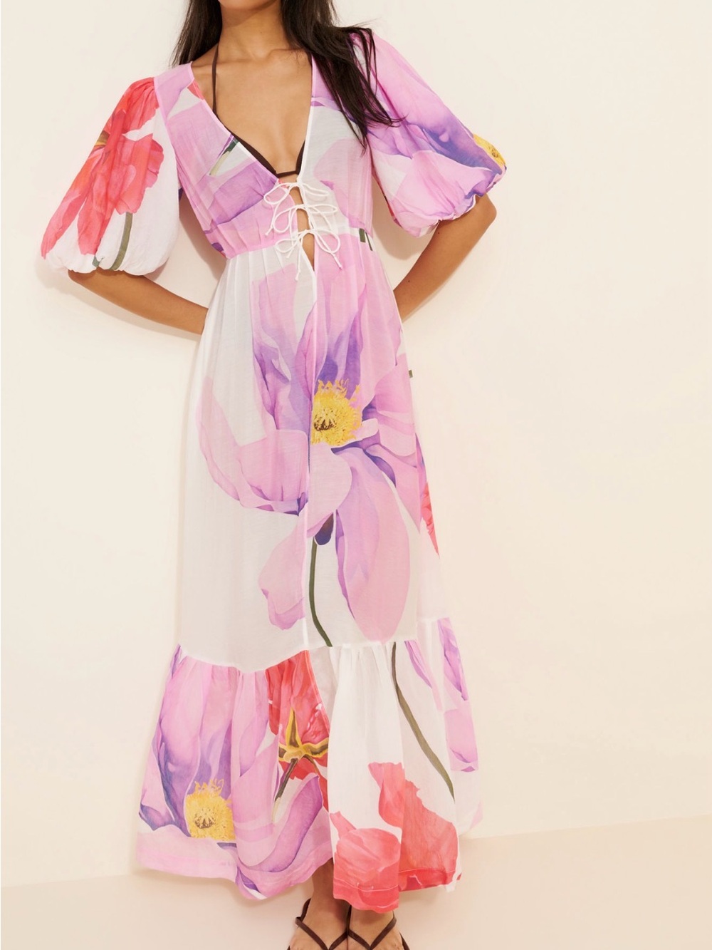 Floral Lace-Up Maxi Swim Coverup in Pink and White